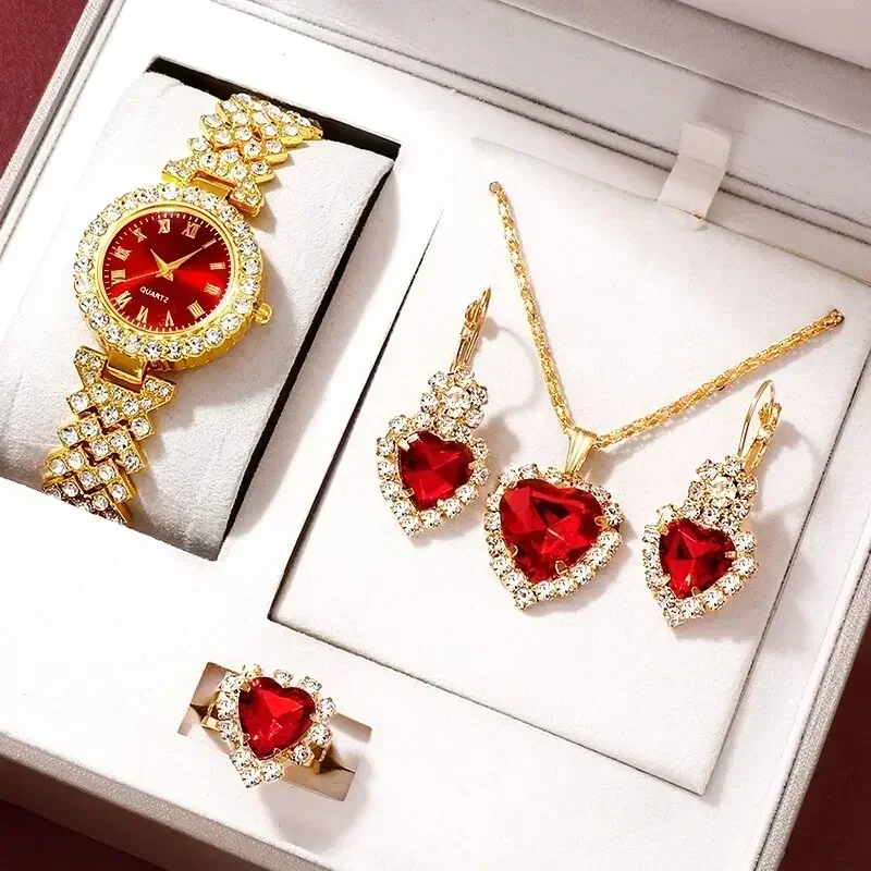 Luxury Watch Kit - Golden Luxury Watch Women Ring Necklace
